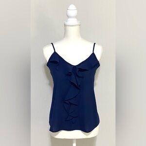 Paper Crane Womens S Solid Navy Blue Sheer Ruffle Cami Top Boho-chic Preppy